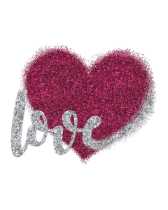 Pink glitter heart PNG with silver sparkle “love” text – romantic clipart free download