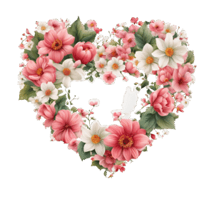 Heart-shaped frame PNG with floral border and couple silhouette inside, free download