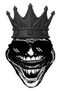 Black troll face king with crown and sunglasses PNG for meme download