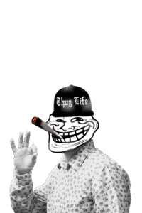 Thug life trollface meme wearing a cap, smoking a cigar, and showing OK hand gesture on transparent background