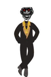Scary troll face with red eyes and gold chain wearing black suit PNG