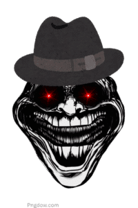 Evil troll face with red laser eyes and black hat PNG for meme download
